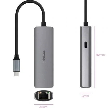 Nanocable Adaptador USB-C 3.1 a RJ45 con PD 100W, Gris Nanocable Adaptador USB-C 3.1 a RJ45 con PD 100W, Gris